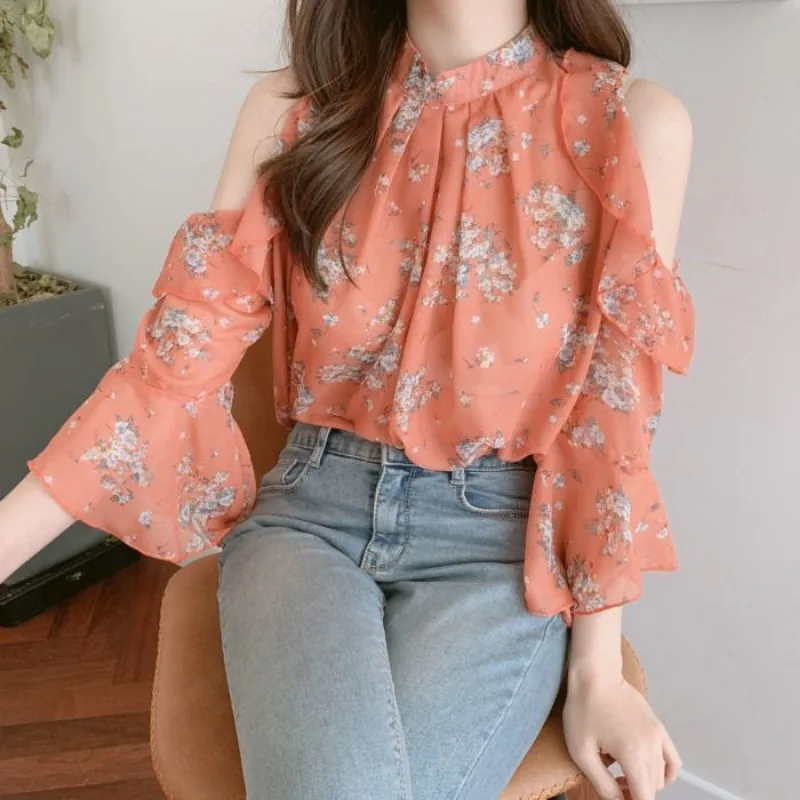 Frill Off Shoulder Women\'s Shirt And Blouse Floral Ruffle Tunic 2024 Korean Style Vintage Elegant Female Tops Aesthetic Hot Chic