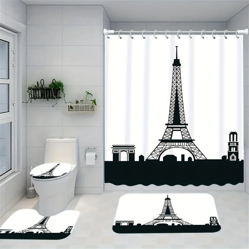 Elegant Parisian Eiffel Tower Print Bathroom Set: Includes 12 Free Hooks, Waterproof Shower Curtain, Non-Slip Bath Mat, Toilet S