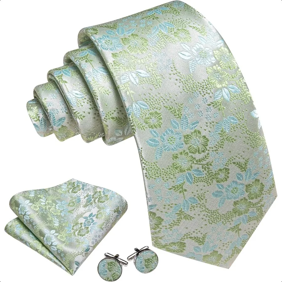 Barry.Wang Set di cravatte da uomo con cravatta floreale in seta paisley, gemelli quadrati da taschino, festa di nozze formale, affari