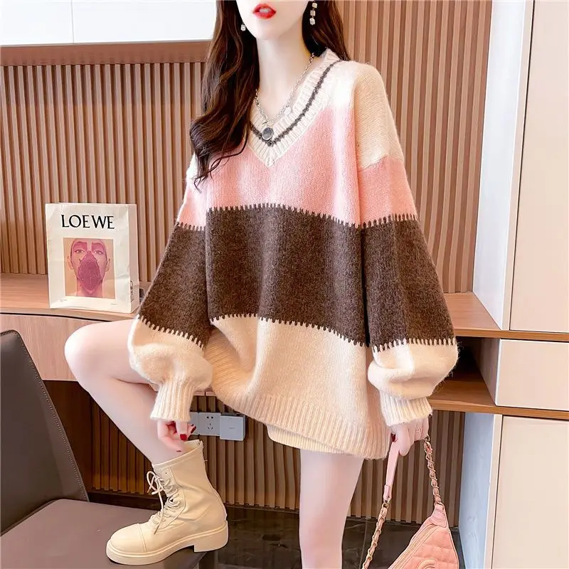 Cute Long Pullover Striped Pink V-neck Kawaii Women's Sweater Knit Woman Economics New Tops for Knitwear Fashion 2024 Cashmere