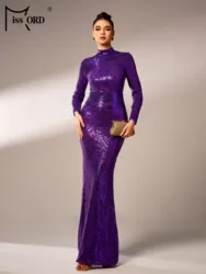 Missord New Church Dress Round Neck Long Sleeved Sequin Mermaid Cocktail Evening Wedding Birthday Party Formal Occasion Dresses