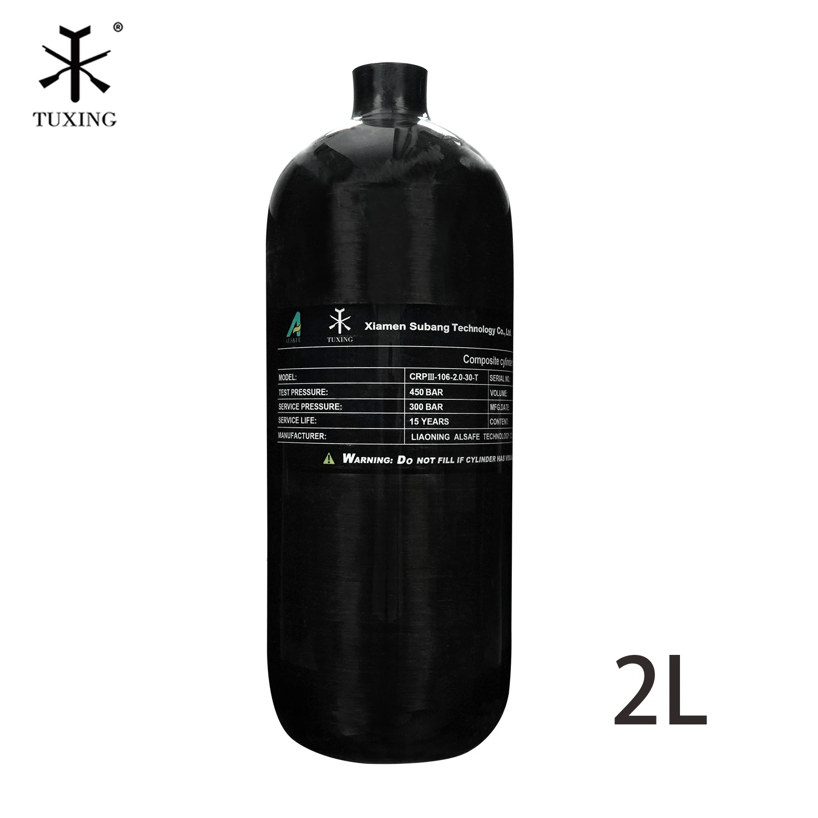 TUXING 300Bar 2L Carbon Fiber Cylinder 4500Psi High Pressure Diving Tank Black HPA Air Bottle Scuba Diving Thread M18*1.5