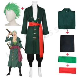 Roronoa Zoro Cosplay Costume Uniform Green Coat Belt Pants Head Scarf Roronoa Zoro Wig Halloween Men Clothes