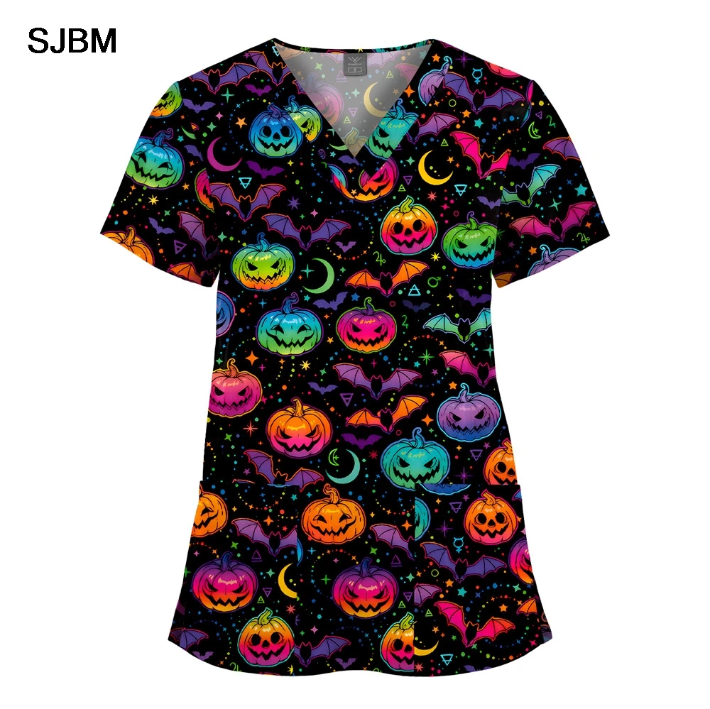 SJBM unisexe à manches courtes col en v impression uniformes vêtements infirmière accessoires soins infirmiers gommage hauts femmes vétérinaire travail uniforme Blouse