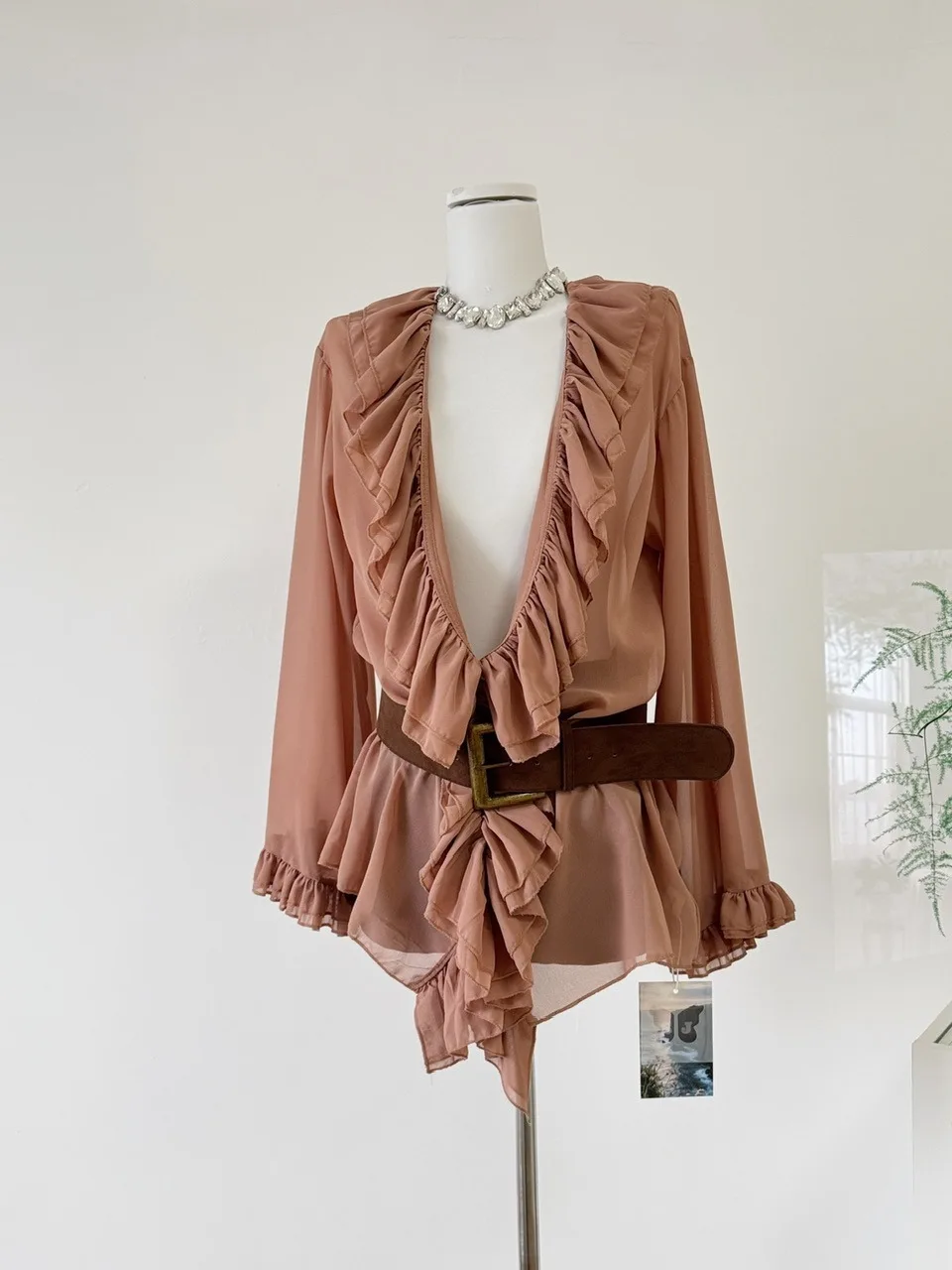 

Ele Long Sve Lace irt, женский тонкий топ с v-образным вырезом и пышным подолом, со сборкой на талии, осень 2021, универсальный свободный крой