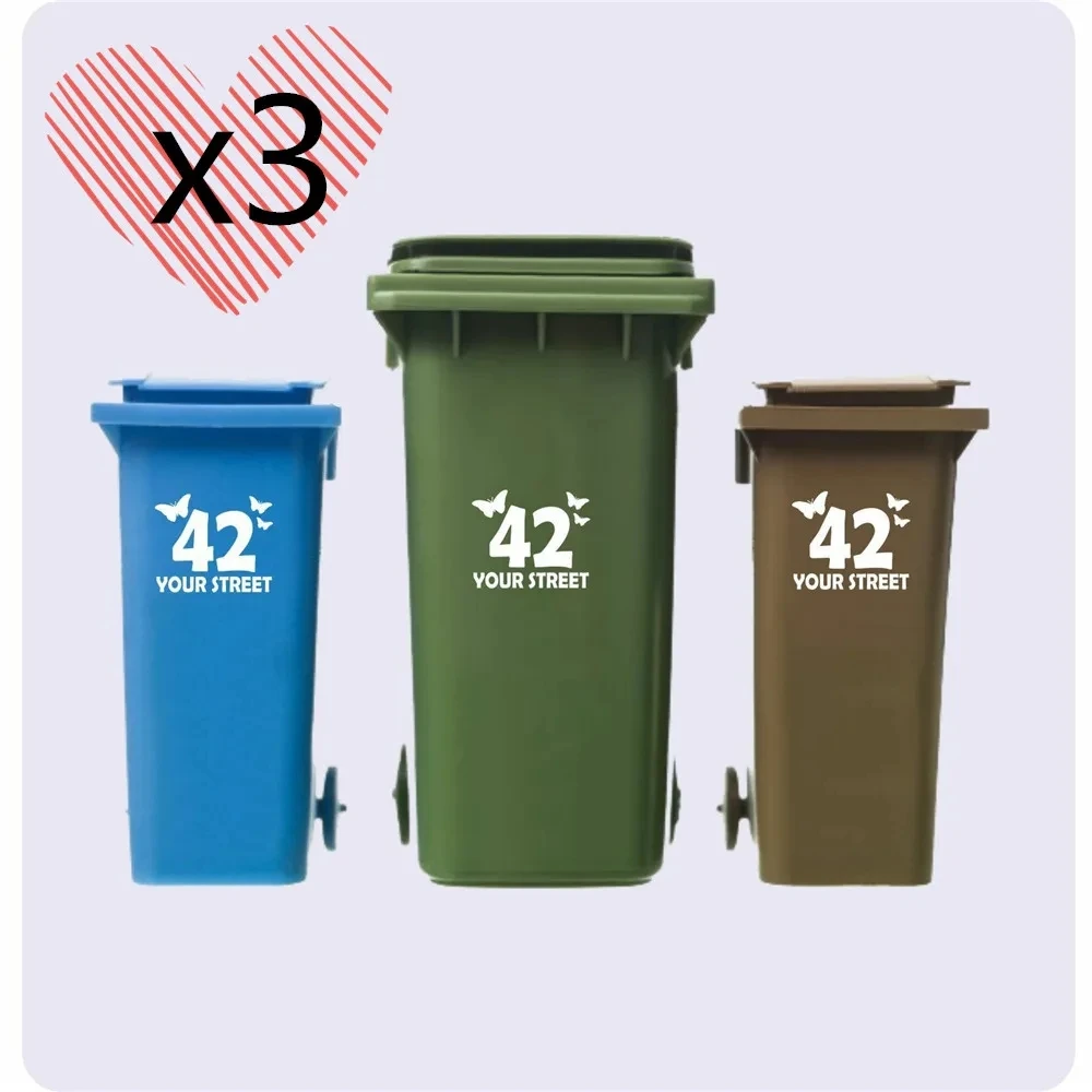 3 x WHEELIE BIN NUMBERS CUSTOMIZED HIGH QUALITY STICKERS WITH ADDRESS  BUTTERFLIES