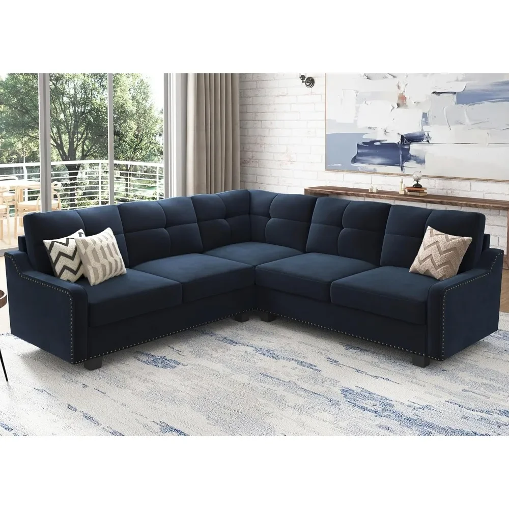 Convertible  sectional sofa， L Shaped Couch for Small Apartment ,Velvet Dark Blue,Living Room Sofas.