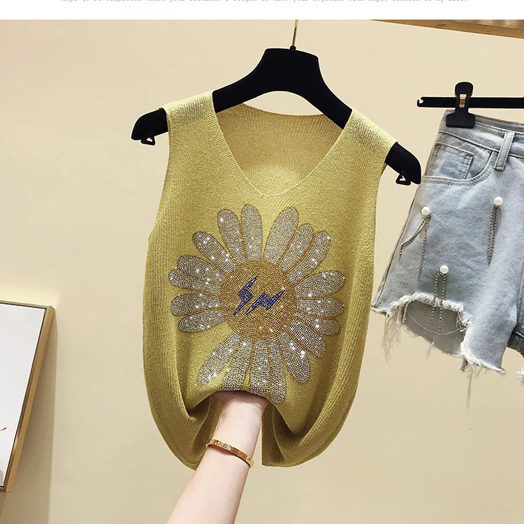 

2021 Spring Autumn Version Inlay rhinestone Knitted Sweater Vest Loose Top Women's Waistcoat Vest Girls Leisure Yellow