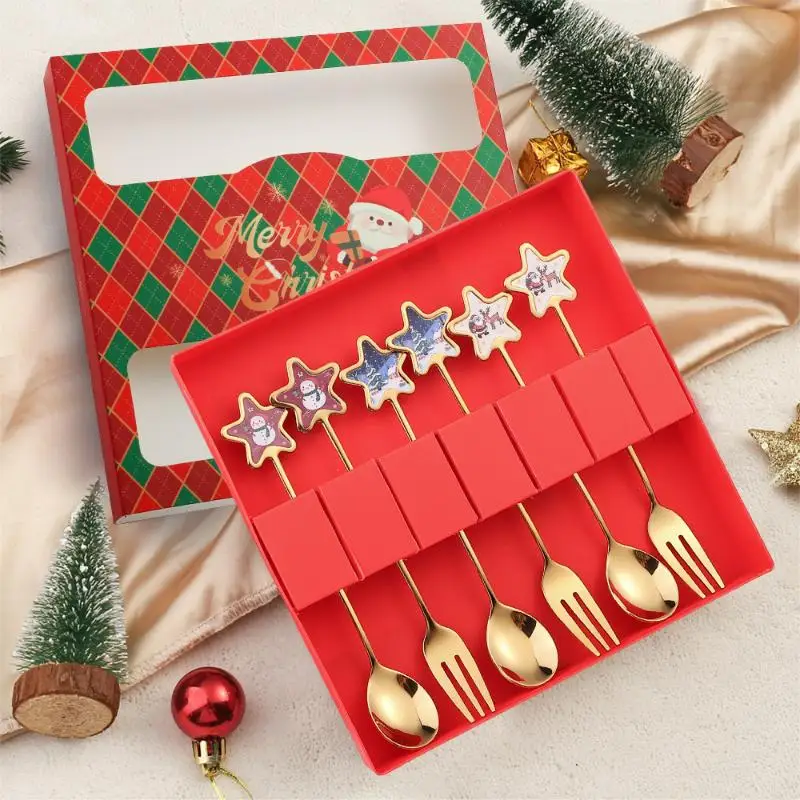 

2/6PCS Christmas Stir Spoon And Golden Dessert Fork Set With Five Star Tree Design For Christmas Eve Party Gift Tableware