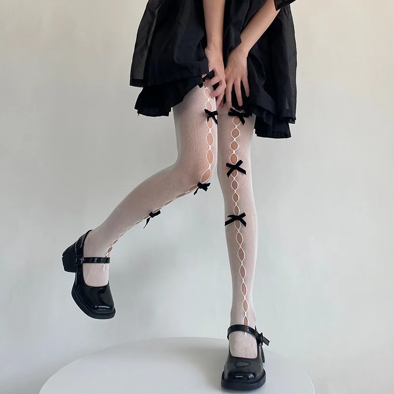 Women\'s Three Bowknot Tights Hollowed-out Fishnet Stockings Mesh Summer Thin Velvet Bow Lolita Japanese Y2k Girls Pantyhose