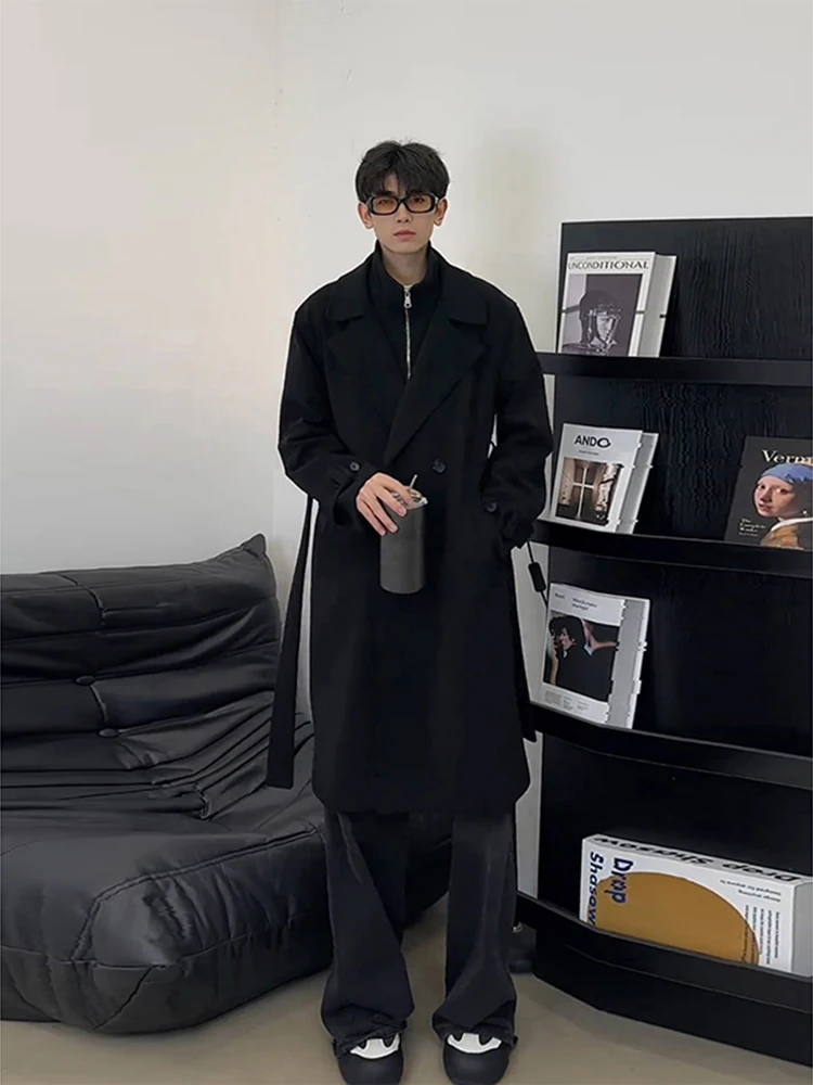 

Cleanfit Men's Mid-Length Woolen Coat Bla German Sle Windbreaker Autumn Winter Warmth Faion Outerwear Coat