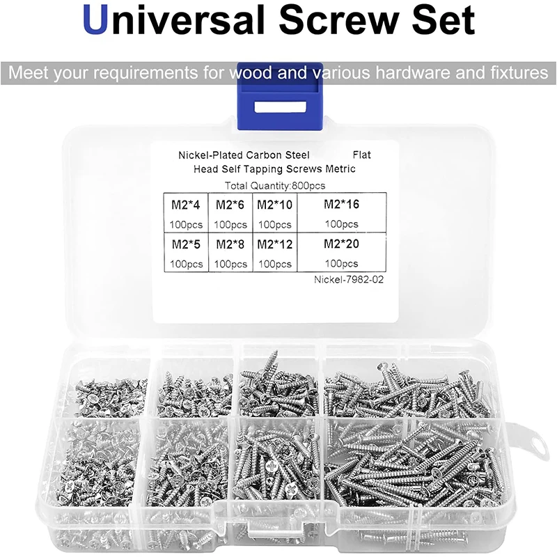 

800pcs Flat Head Wood Screws Assortment Kit Phillips Tips Screw Set M2 Metric Metal Screw Thread Furniture Screw Electronic Wood