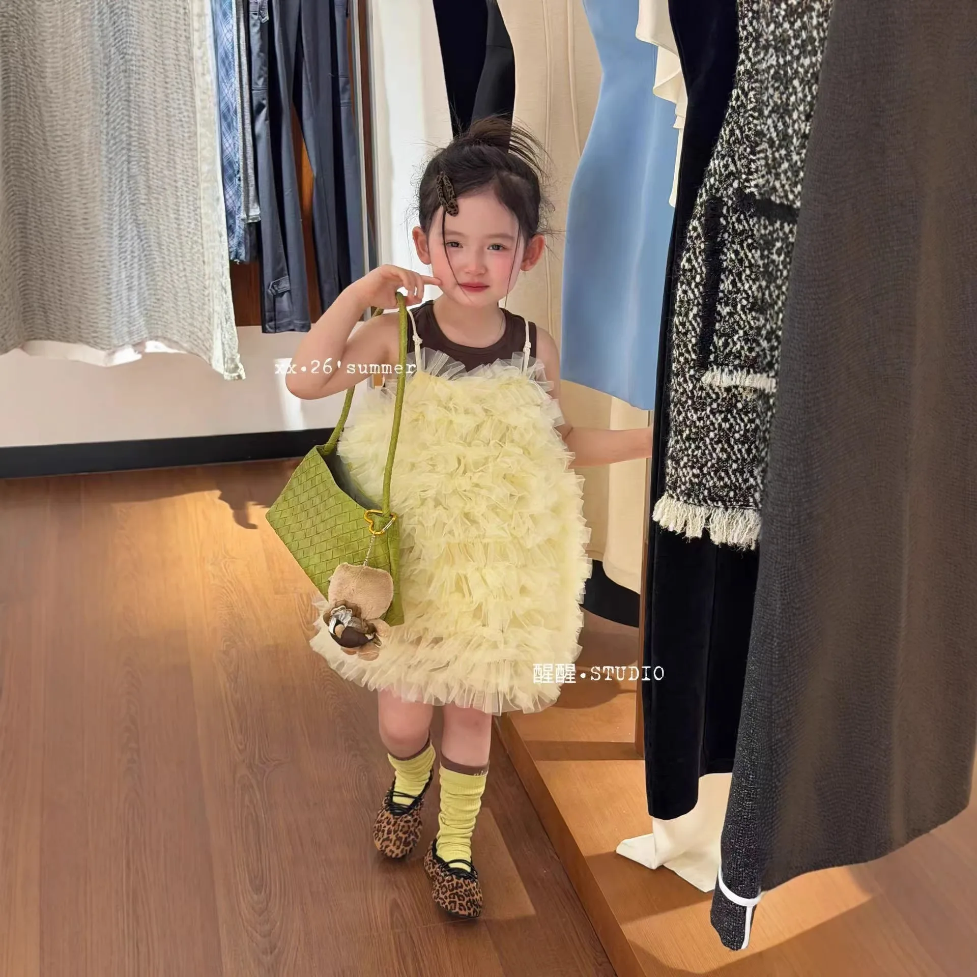 Girls Dress Set Summer Korean Version Foreign Style Fashion Cute Sleeveless Vest Tulle Suspender Cake Skirt Two-piece Set
