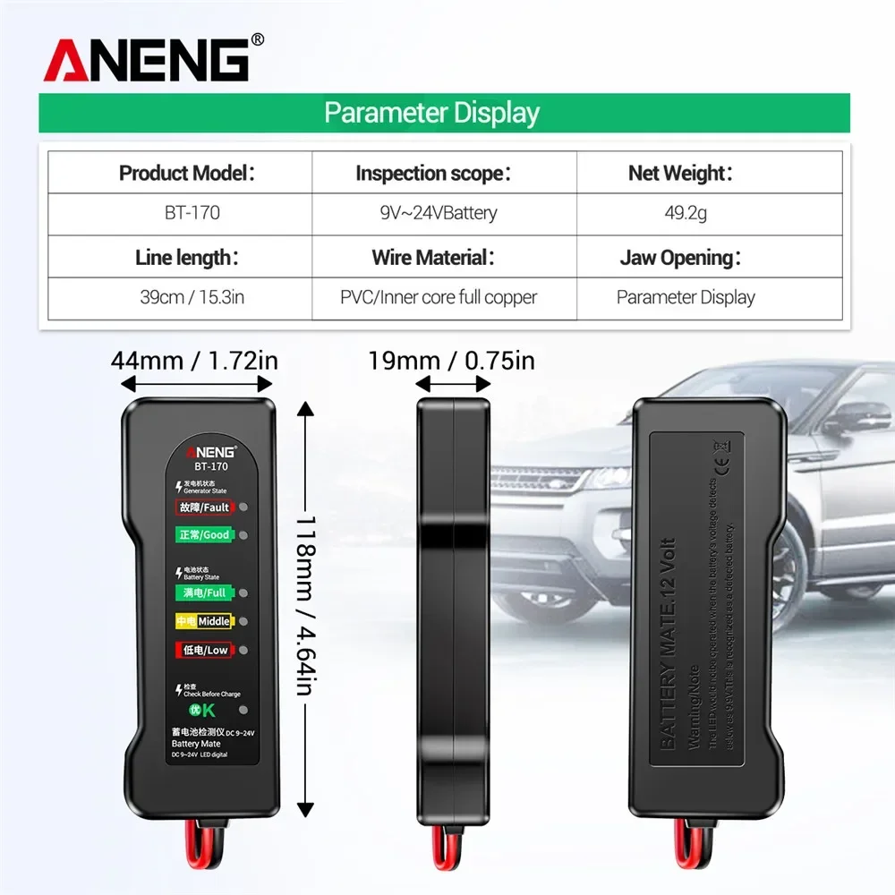 ANENG BT-170 testery akumulatorów 12V Tester motocykla samochodowego detektor usterek cyfrowy Alternator testowy samochodowy narzędzia do naprawy