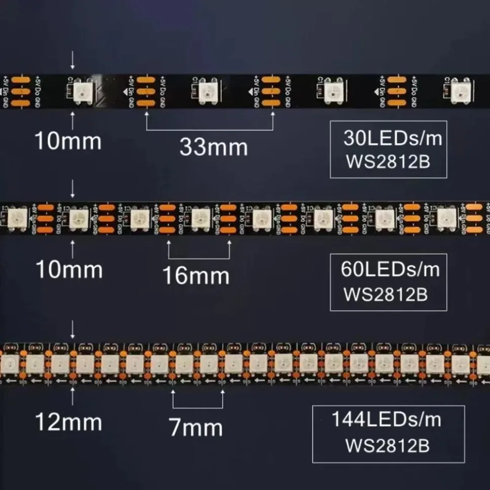 WS2812B 5050 RGBIC Smart LED Strip WS2812 Individually Addressable IC 30/60/144Pixels/Leds/m Light DC5V Black White IP30/65/67