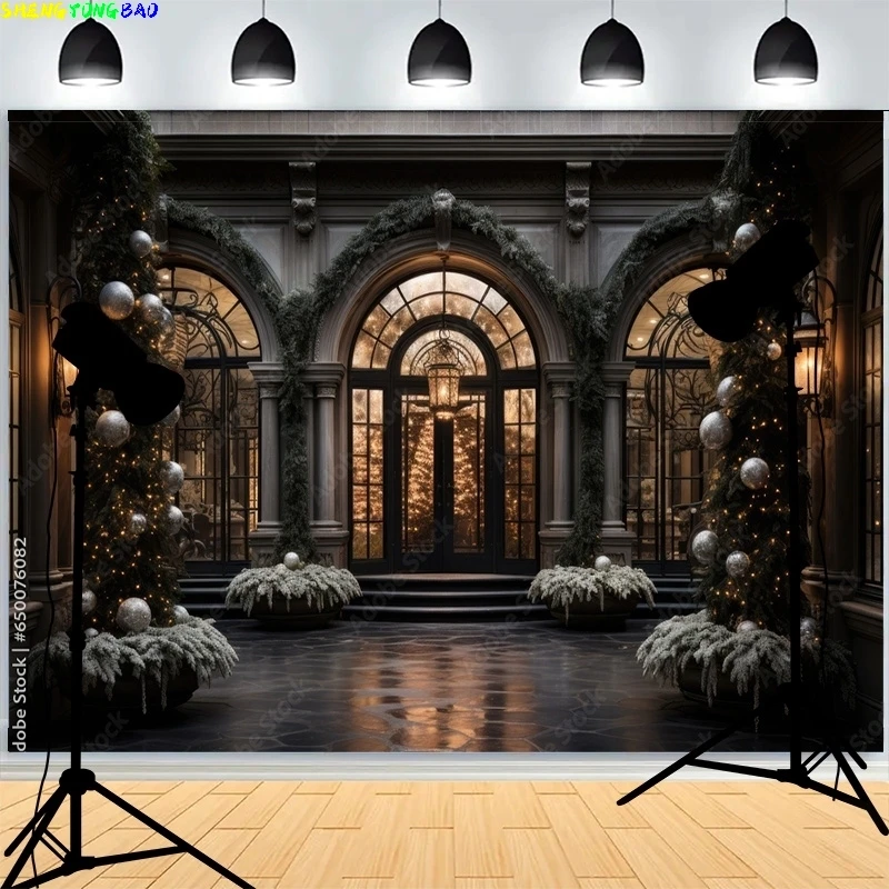 Christmas Day Wreach Snowflake Photography Backdrops Front Door Winter New Year Cottage Living Room Decoration Background DD-06