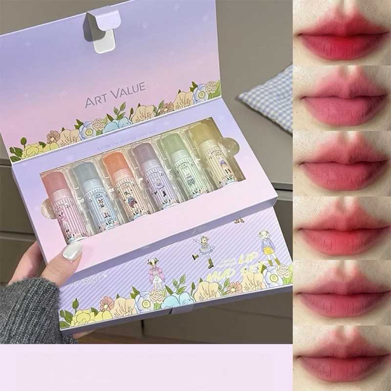 6個入りベルベットリップミストリップマッドセット、塗りやすい、長持ちするナチュラルリップメイク、ホリデーギフト