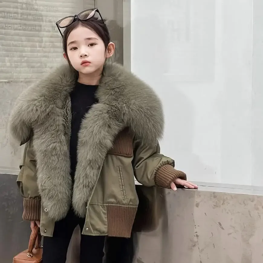 Winter New Children\'s Fur Coat Big Fox Fur CollarRex Rabbit Hair Inner Parkas Overcoat Thicker Warm Jackets For Boys Girls A3108