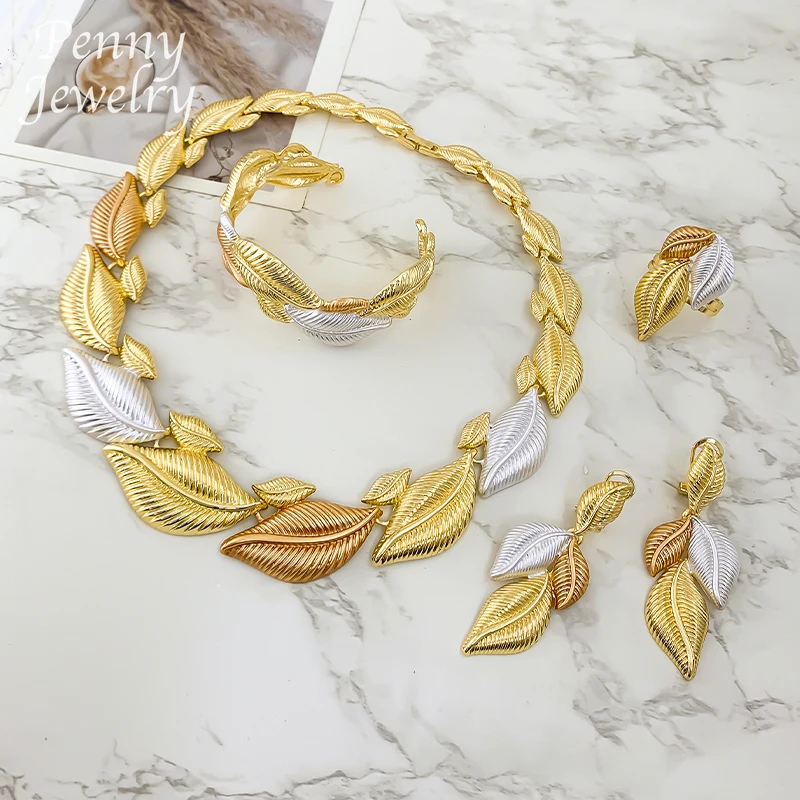 

Original Leaf Shaped Choker 18K Gold Plated Jewelry Set for Women Necklace Earrings Bracelet Ring Bridal Wedding Party Gifts