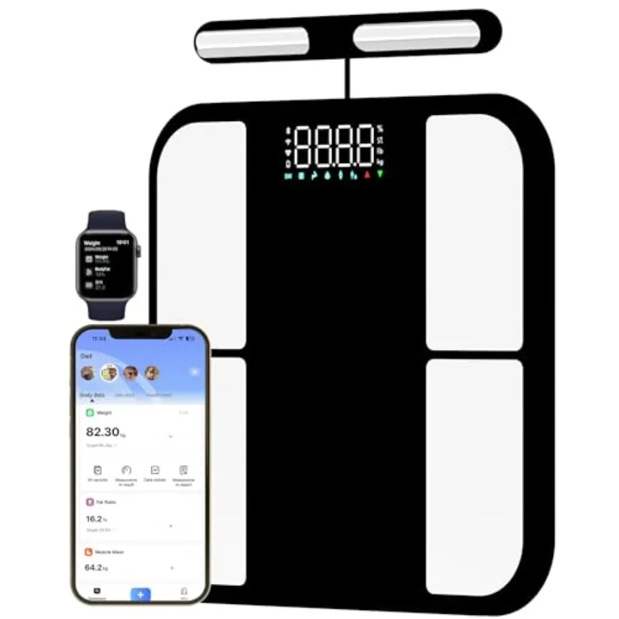 

Цифровые весы для ванной с 8 электродами для домашнего фитнеса - высокоточное измерение веса тела, 56 показателей состава тела - Bluetooth