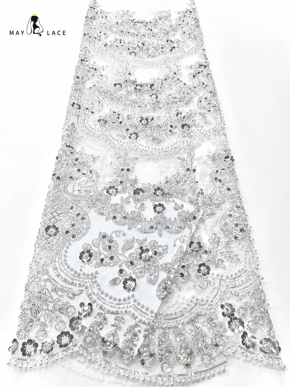 

New Luxury White Sequins African Beaded Mesh Lace Fabric 2025 High Quality Nigerian Tulle Groom Lace Fabric For Wedding Dress