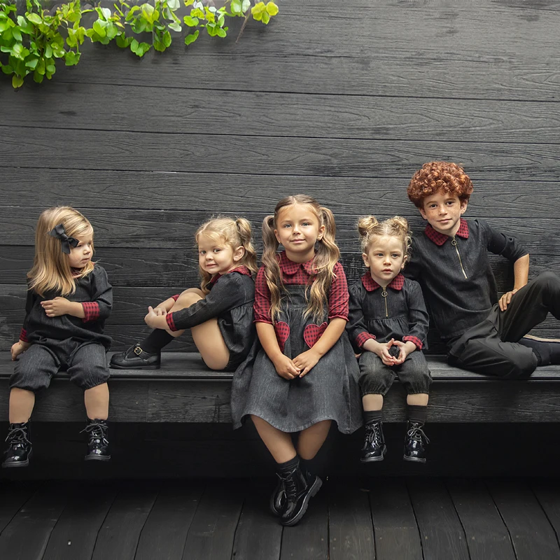 Ali-Plus family denim clothing set black denim children cute girls dress shirt top baby romper for autumn red plaid edge