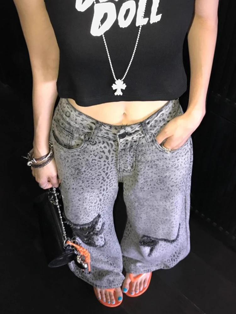 

Y2K женские джинсы в пряном стиле серого цвета с леопардовым принтом, широкие рваные длинные брюки, винтажные джинсовые уличные модные повседневные брюки
