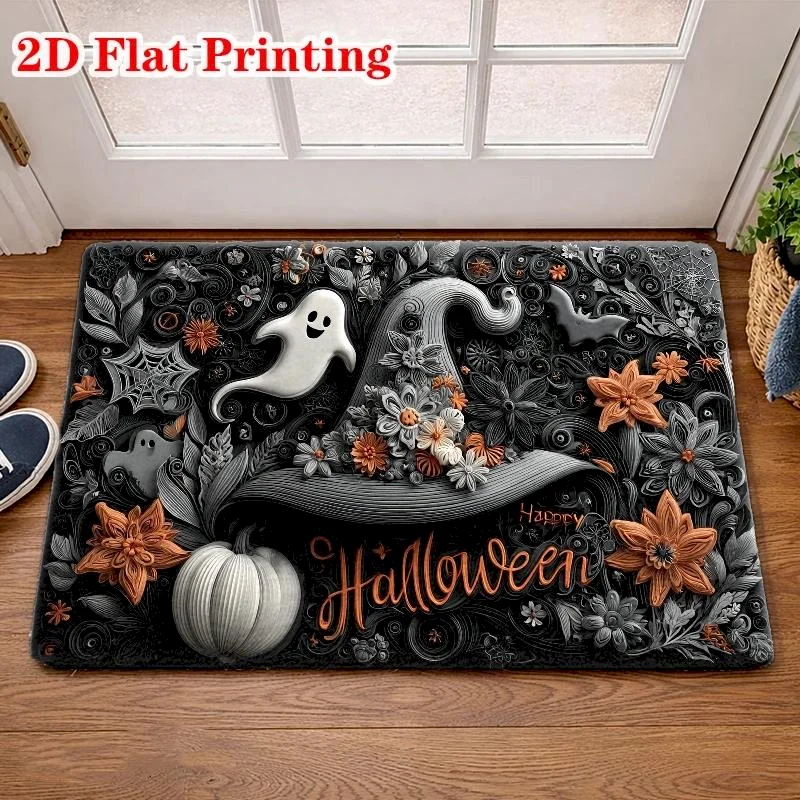 VIKAMA Halloween Happy Ghost Witch Hat Door Mat Soft And Absorbent Floor Mat Pumpkin Bat Printed Carpet Home Decoration