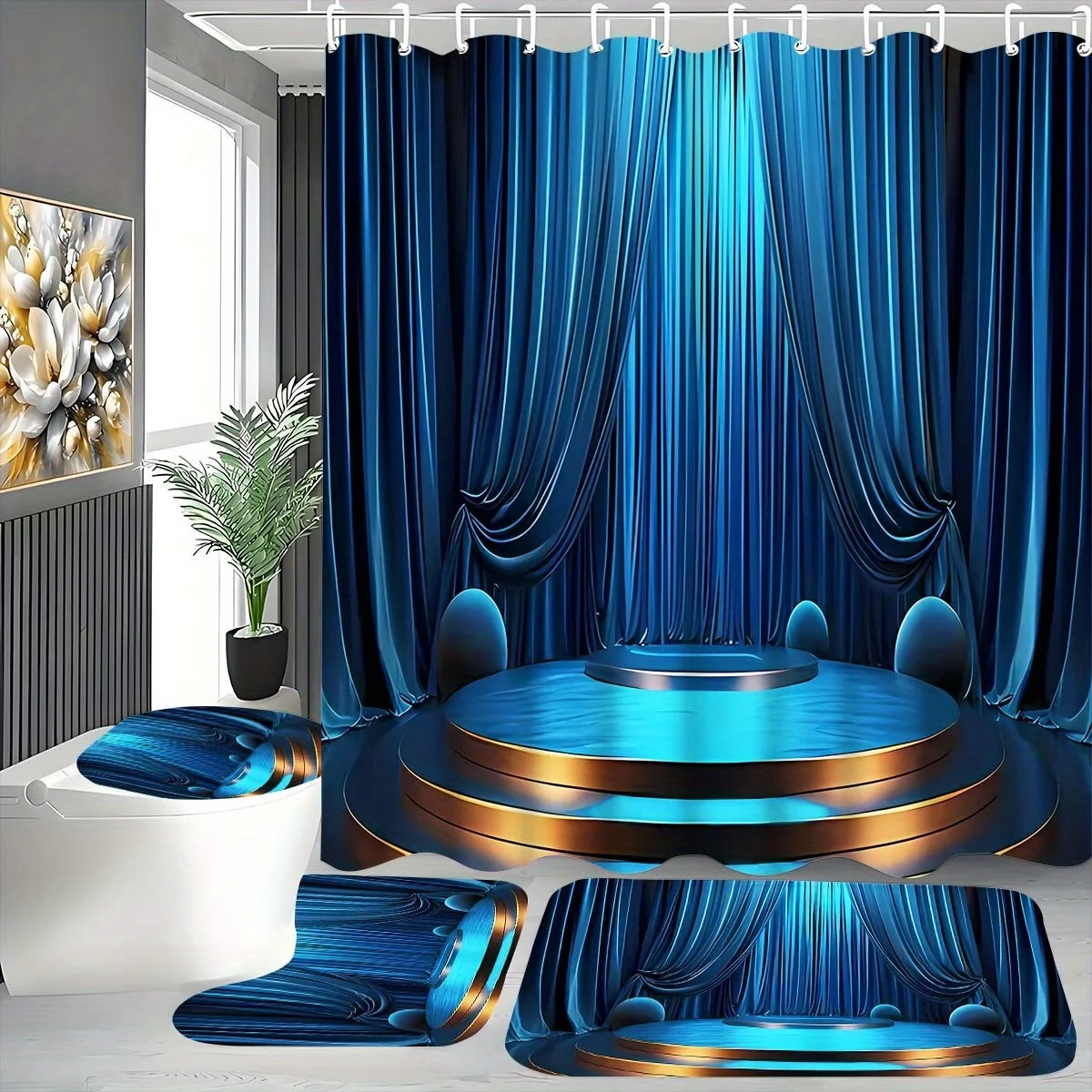 

[Creative Bathroom Set] 1/4pcs Modern Creative Fashion Blue Bathroom Set | Insulation Polyester Shower Curtain, Non-slip Bathroo