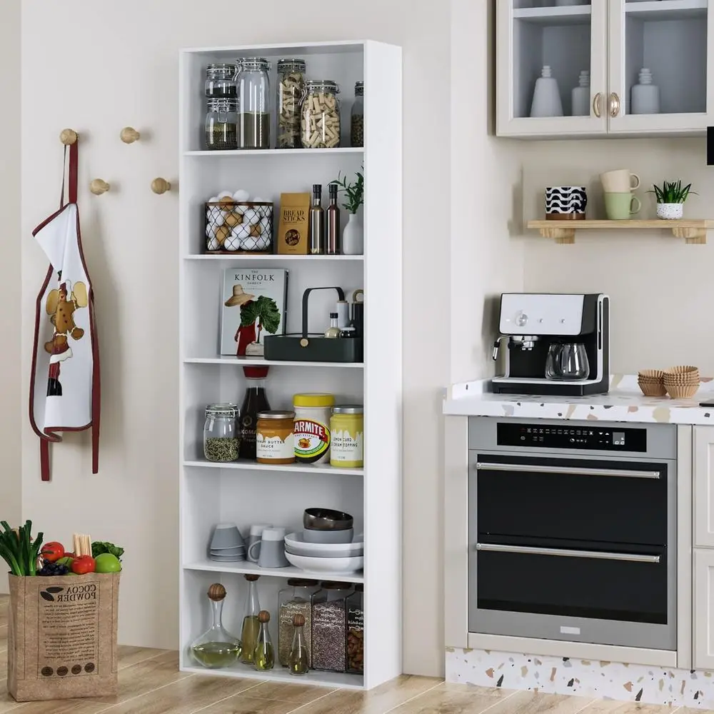 خزانة كتب مفتوحة ورف كتب مكون من 6 طبقات، أرفف تخزين عرض قائمة بذاتها، خزانة كتب طويلة لغرفة النوم وغرفة المعيشة والمكتب، أبيض #5