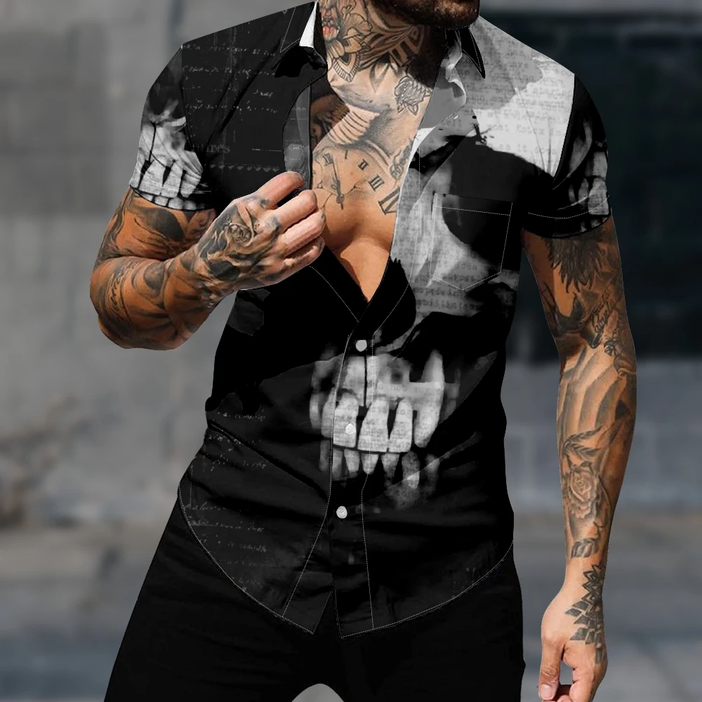 

Casual Hawaiian Shirt Short Sleeve Shirt For Men Skull Hiphop Harajuku Y2k Fashion Gothic Streetwear Cozy Clothes