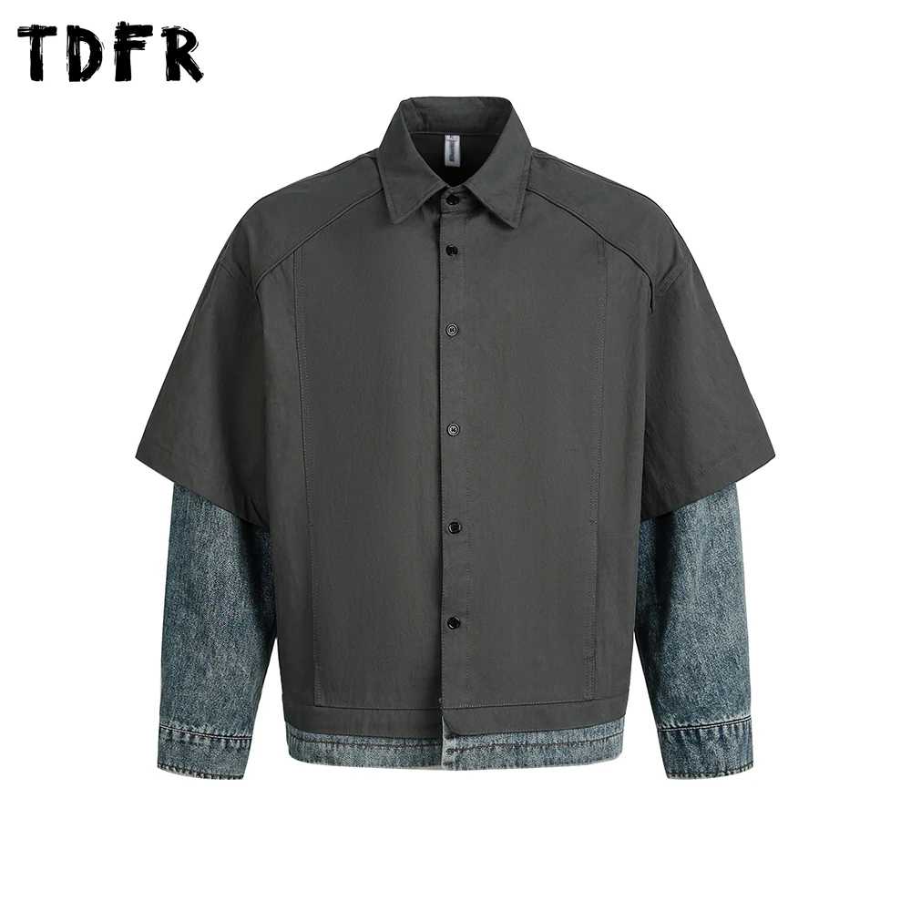

Retro Fake two-piece Jacket Mens Patchwork Autumn Loose Lapel Long Sleeve Single Breasted Outerwear Man