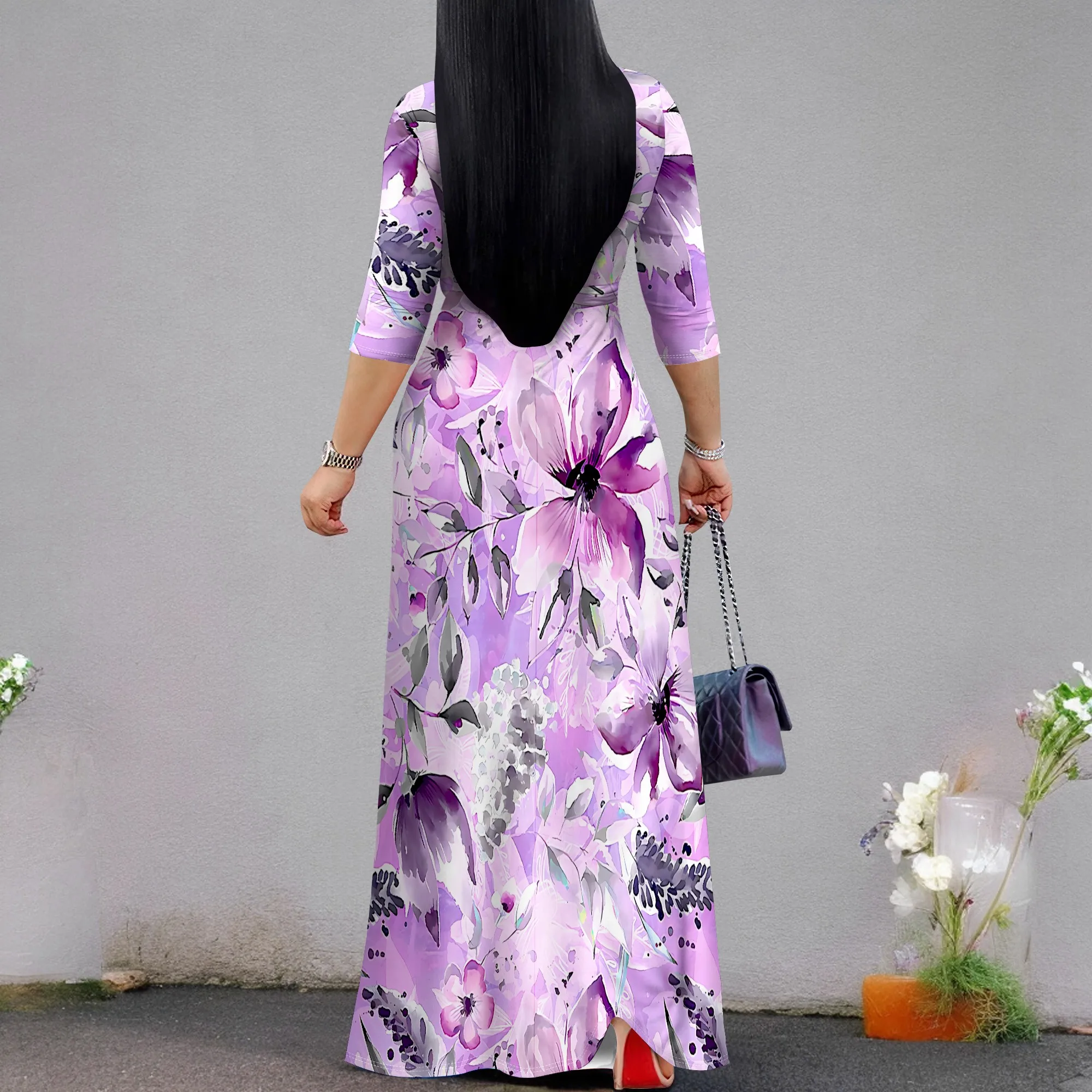 فستان صيفي بطبعة زهور أرجوانية من Nupusa للنساء بتصميم ملفوف برقبة على شكل V وأكمام 3/4 فستان ماكسي كاجوال #2