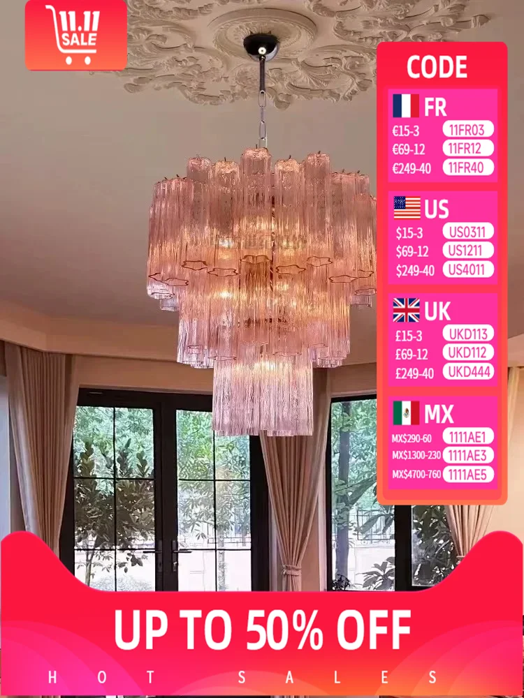 

Italian Designer Vintage Texture Glass Ceiling Chandeliers Transparent Pink Home Decoration Hanging Lamps for Living Room Lustre