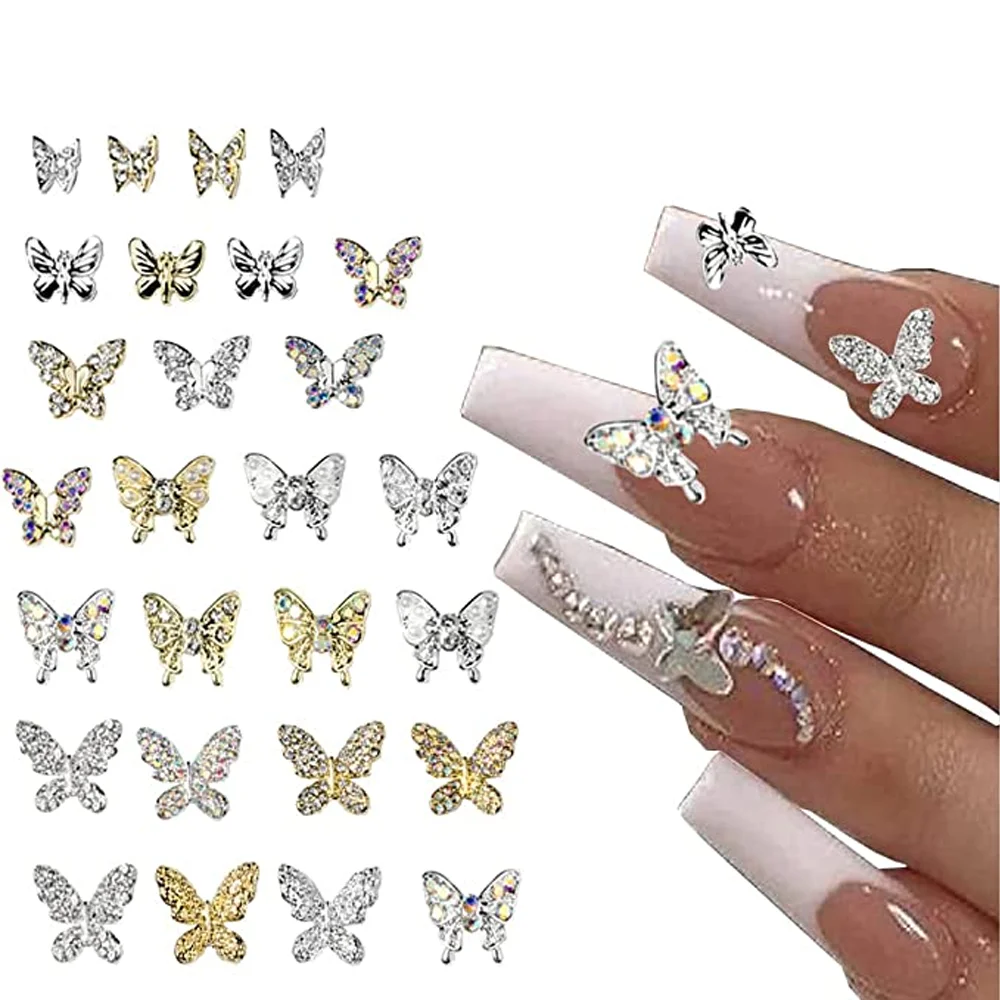 10pcs Multi-Designs Butterfly Nail Art Charm 3D White/AB Crystal Diamond Butterfly Nail Decoration DIY Luxury Nail Accessories