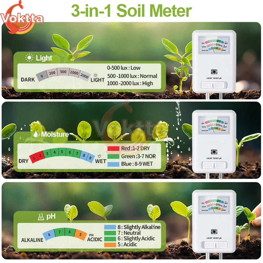 Soil PH Fertility Meter Test Pen 3-in-1 Moisture Detection/Light/PH Tester Plant Hygrometer Sensor Analyzer Monitor for Garden