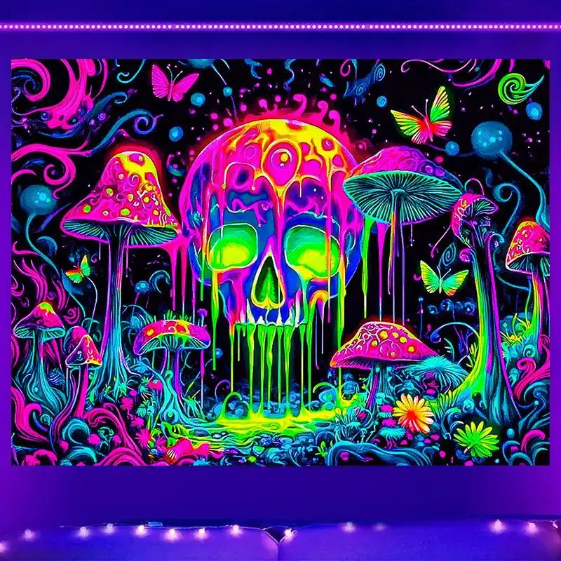 VIKAMA Blacklight Melting Skull Tapestry Neon Mushrooms Dripping Face Wall Hanging UV Reactive Horror Dorm Room Wall Decor