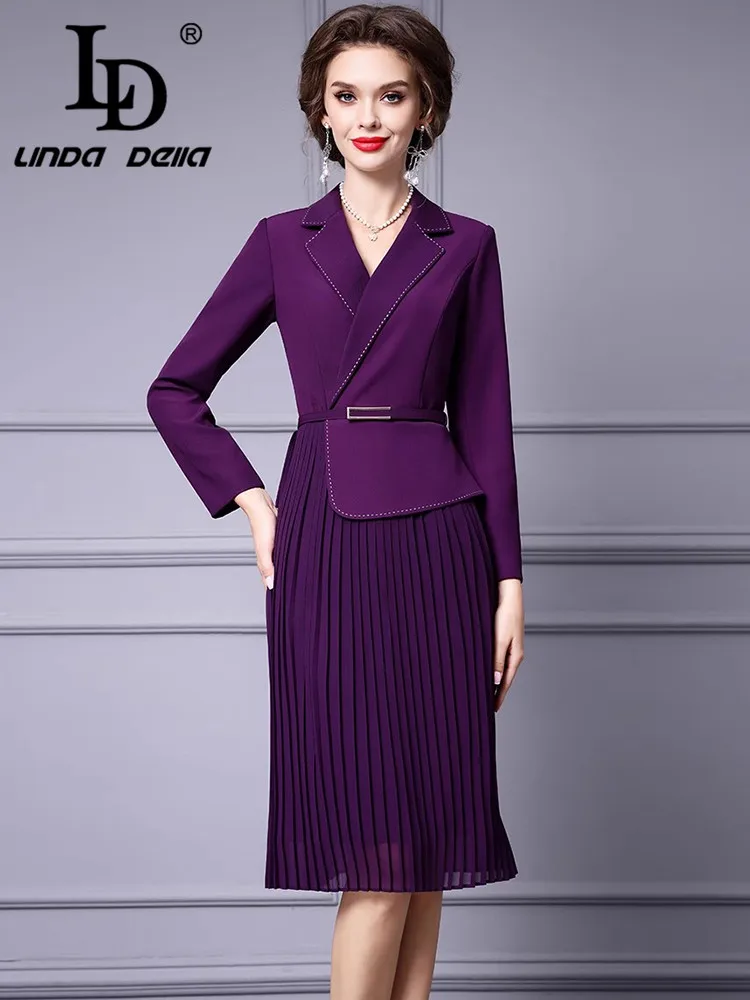 LD LINDA DELLA Autumn Winter New Style Commuter Designer Women\'s Dress Notched Slim-Fit Hip Wrap Pleated Splicing Lace-UP Dress