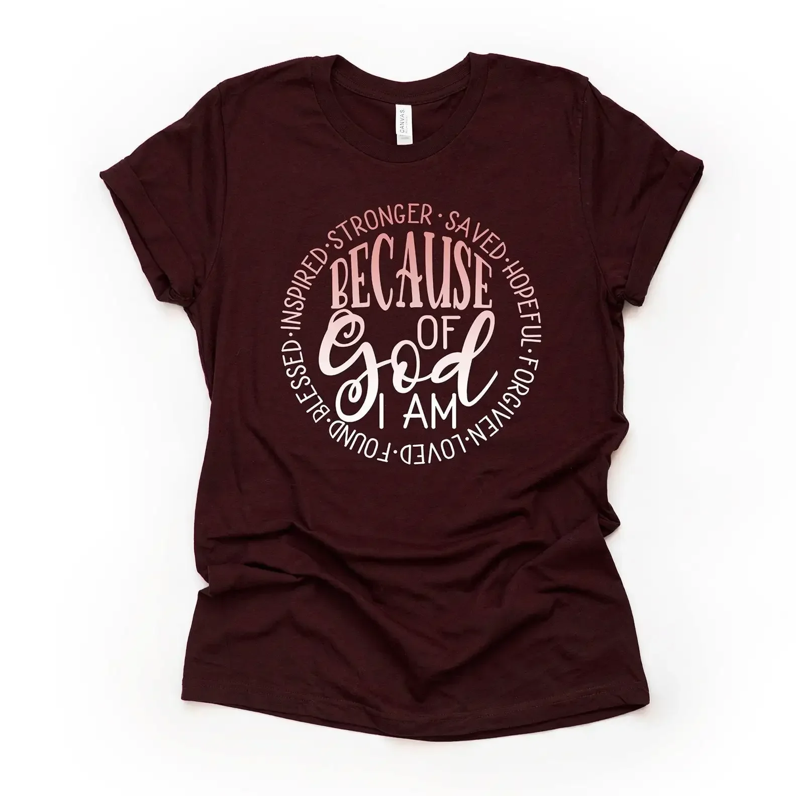 Christian T Shirt Because Of God I Am Saved Me Forgiven And Blessed Stronger Design On Premium Unisex 2 Color Choices Plus Size