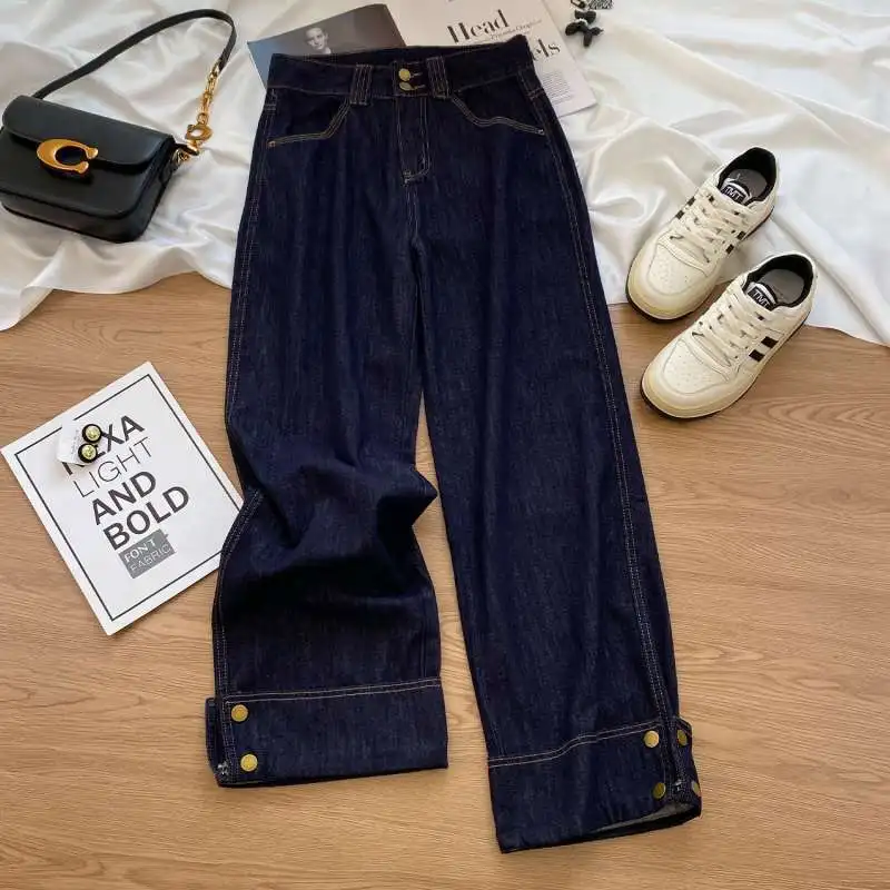

Retro high waisted rolled design denim wide leg pants women 2026 new loose metal button decoration casual straight leg pants