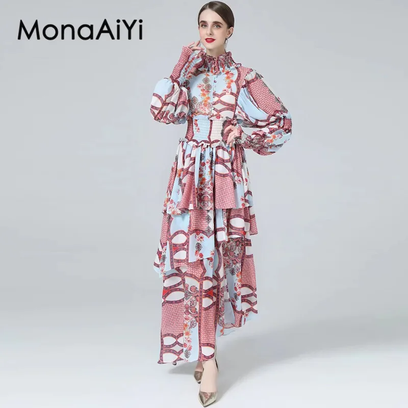 MonaAiYi Autumn Women's Ball Gown Dress Turtleneck Sheep horn sleeve Elastic Waist Tiered Ruffles Asymmetrical Dresses