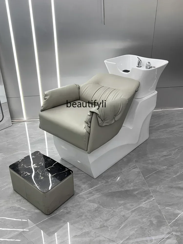 Lying Half Flushing Bed Barber Shop Shampoo Chair Beauty Salon Stainless Steel Bottom Ceramic Basin Half Lying Bed