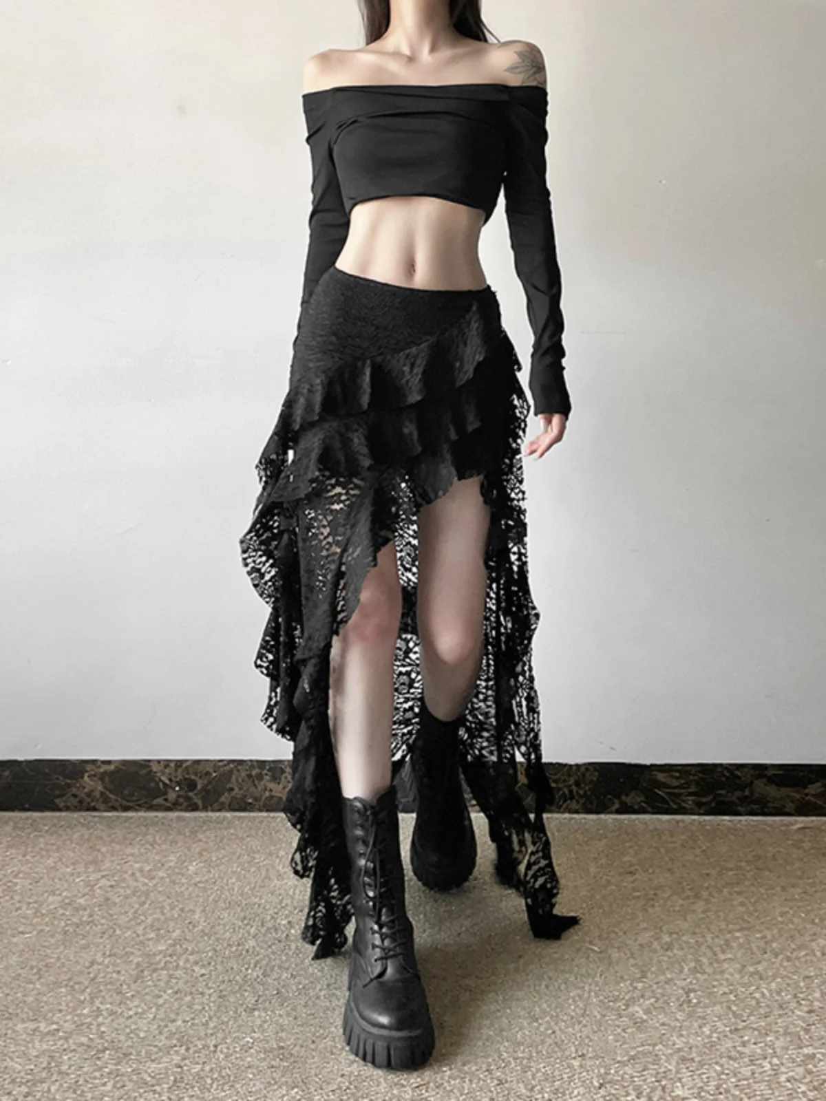 القوطية Sle الدانتيل عالية الخصر غير المتكافئة تنورة طويلة المرأة ميدي تنورة الشرير نكهة غريبة سنور شخصية الإبداعية Faion #2