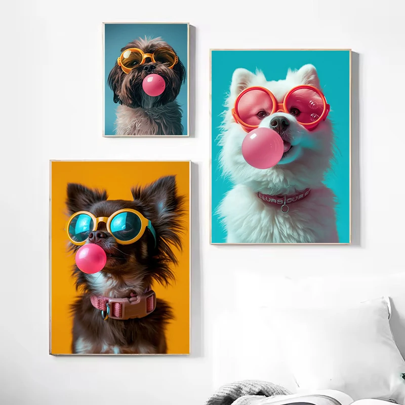 Colorful Dog Bubblegum Sunglasses Poster Prints Samoyed French Bulldog Corgi Canvas Painting Wall Art Picture Room Home Decor