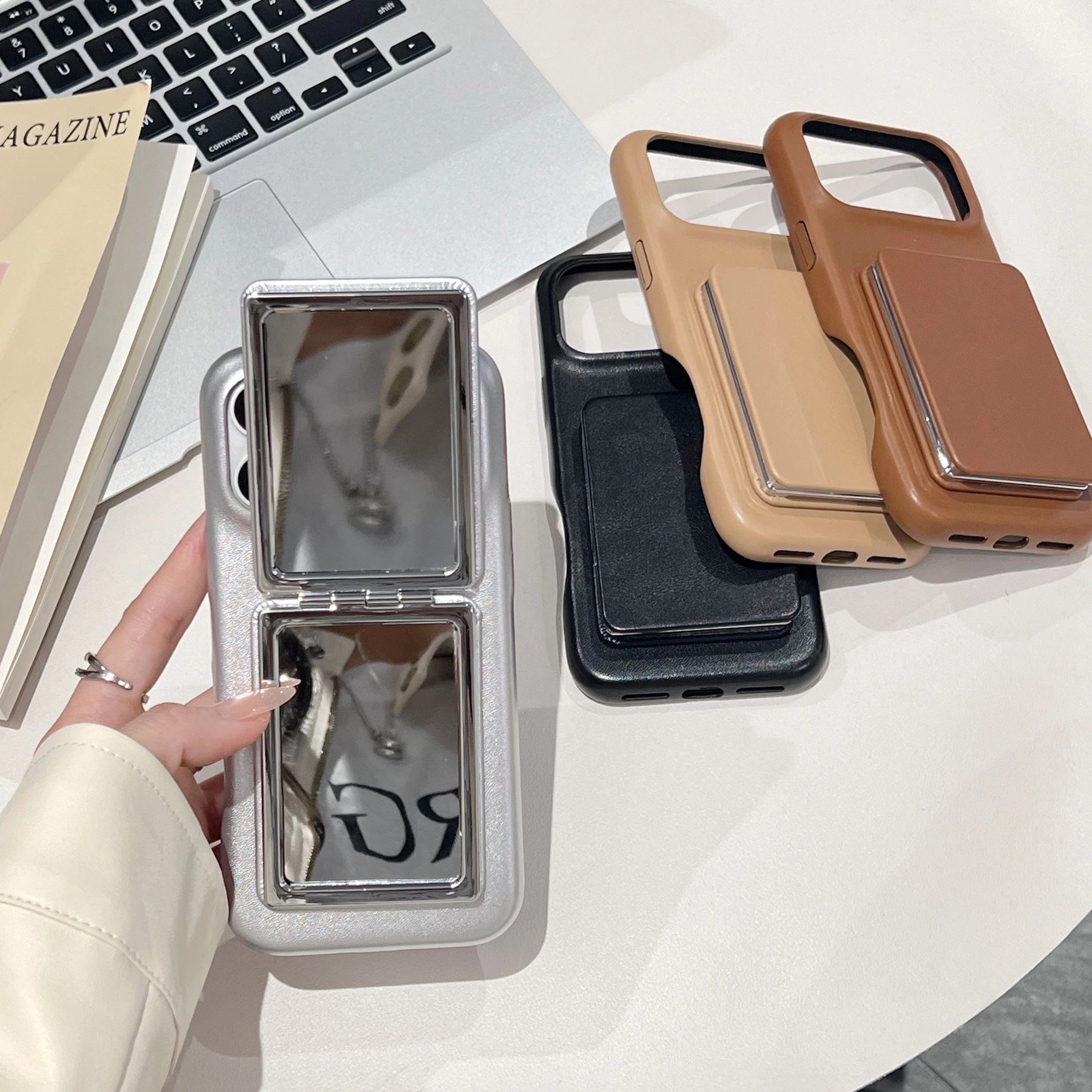 Fashion Retro Maillard Dark Color Leather Imitation Cover Case For iPhone 17 16 15 14 13 Pro Max with Flip-up Mirror Holder view 5
