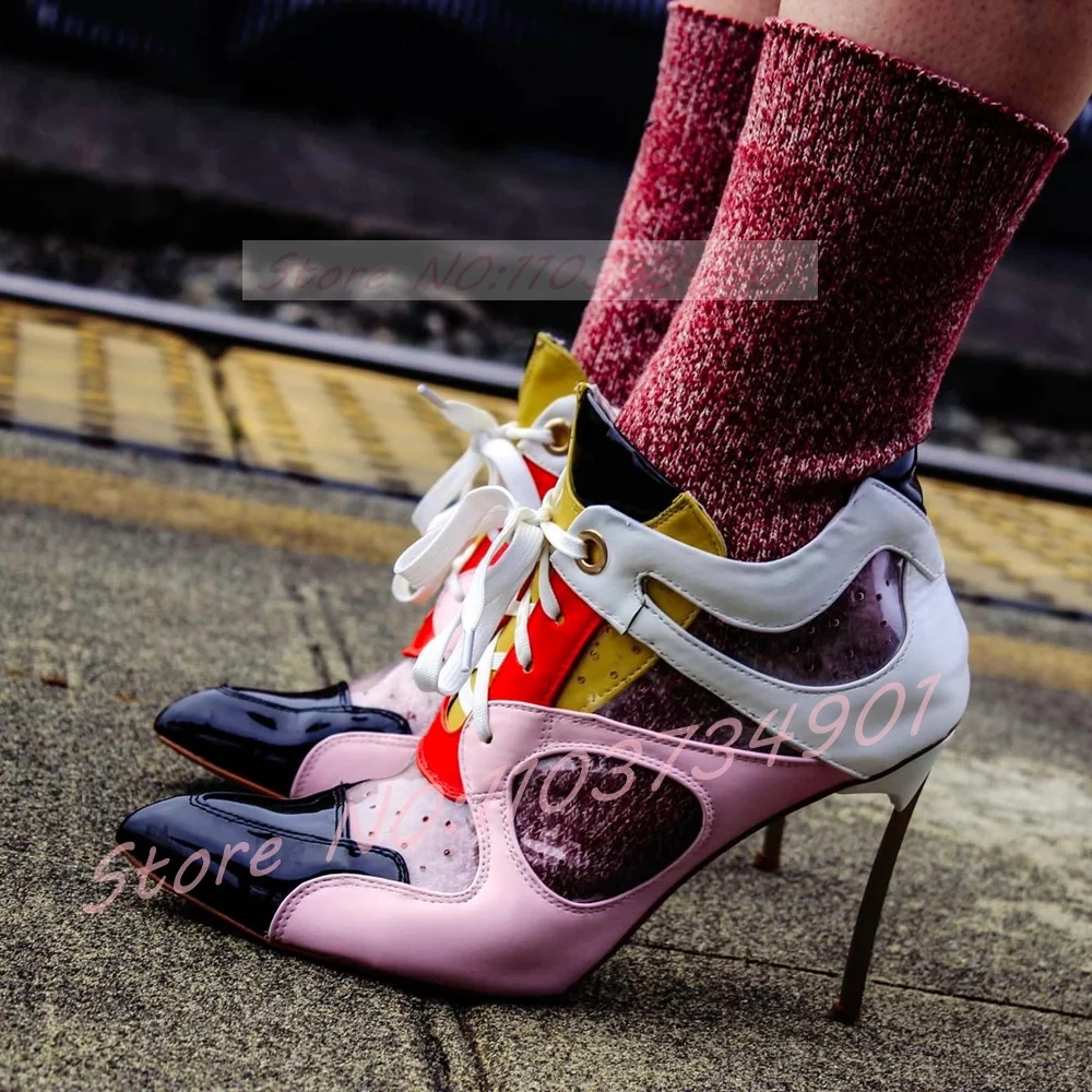 

Женские туфли-лодочки на шнуровке, изящные разноцветные дышащие ботинки из ПВХ с острым носком на высоком каблуке, женская вечерние пикантная модная обувь