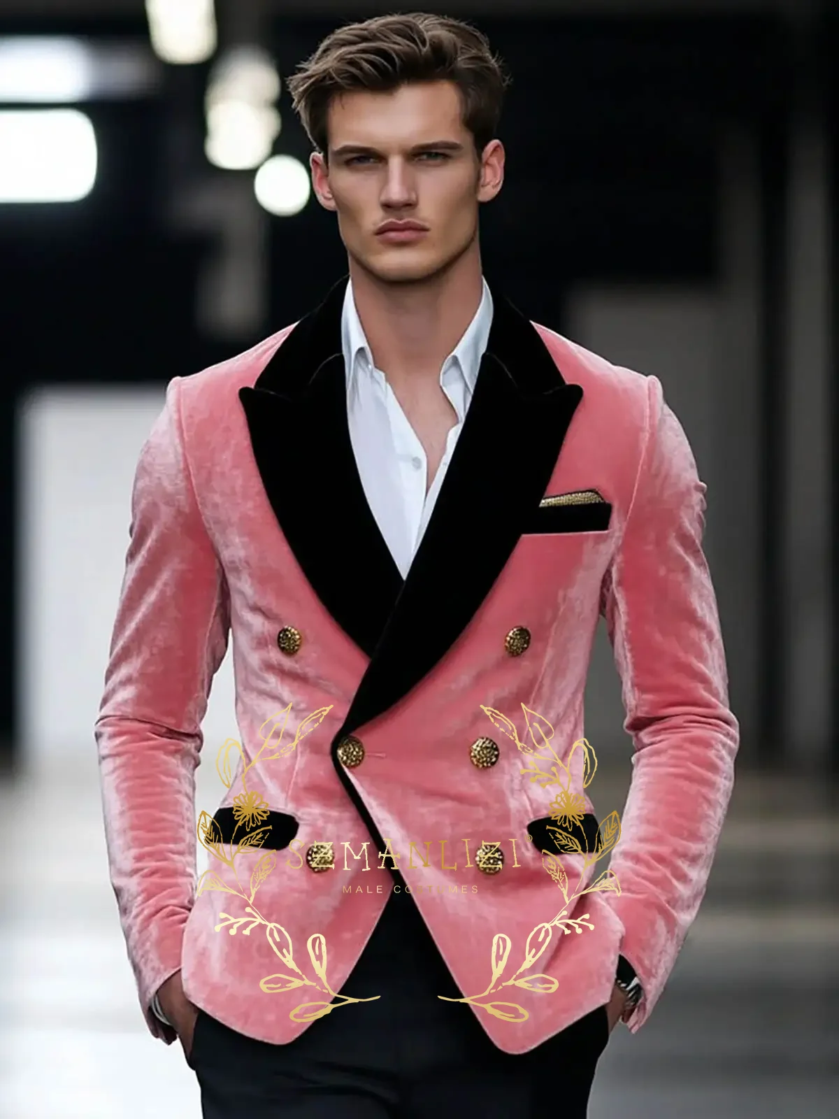 Men's Pink Velvet Double Breasted Slim Fit Suit Peak Lapel for Wedding Party Formal Evening Party Suit for Men Tuxedo Set