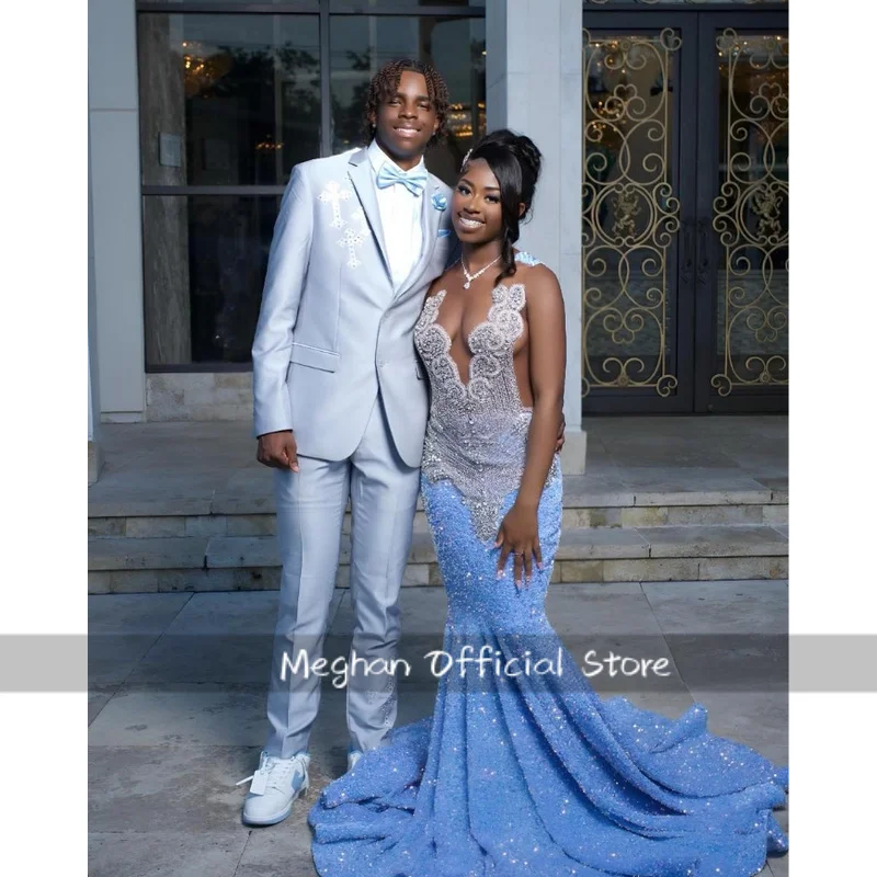 Gorgeous Diamond Long Prom Dresses Custom Ice Blue Inlaid Sequins Mermaid Evening Gowns Black Girls Evening Dress