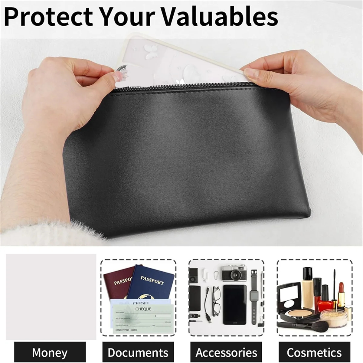 

AA98 Money Pocket with Zipper, 11 X 6.5 Inch PU Leather Cash Bag, Safe Bank Pocket for Coins, Bills, Checks,Cosmetics,Tools A