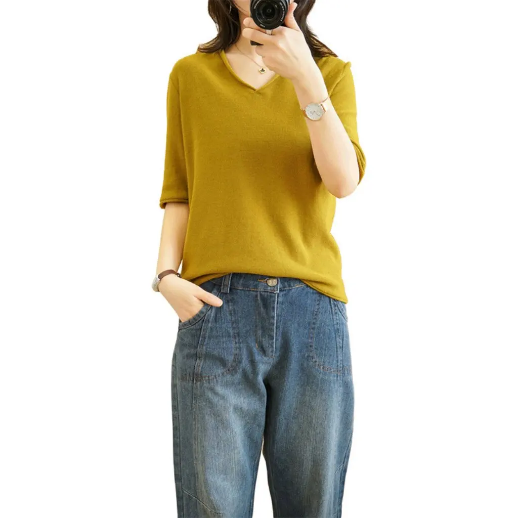

Summer Women's V-Neck Long-Sleeved Pullover Shirt Loose Fit Cotton Linen Knitted Bottoming Top Thin Fashion Sweater